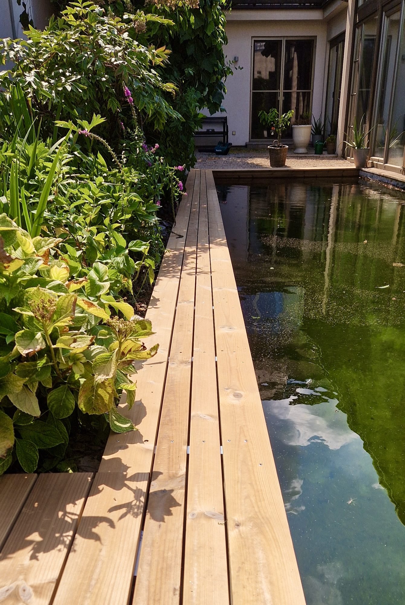 Holzsteg entlang des Schwimmteichs zur Terrasse